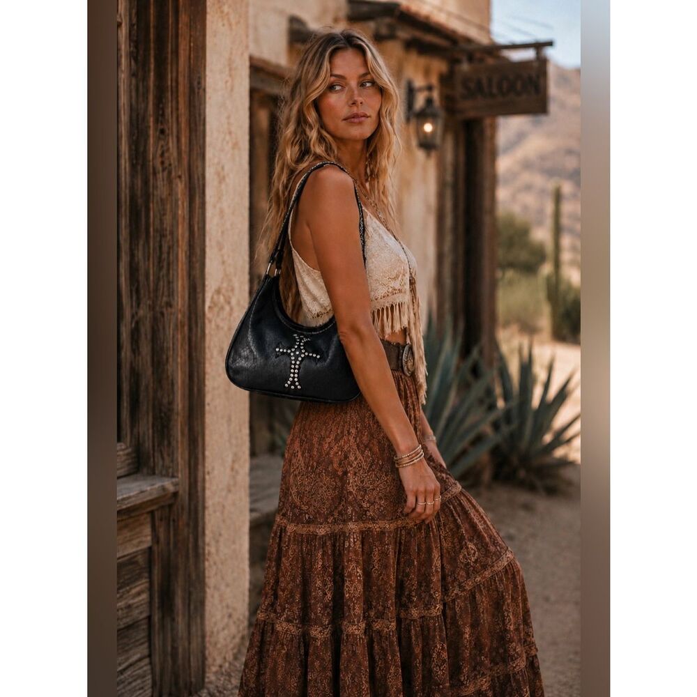 Raviani Black Leather Swarovski Crystal & Rivets Shoulder Bag